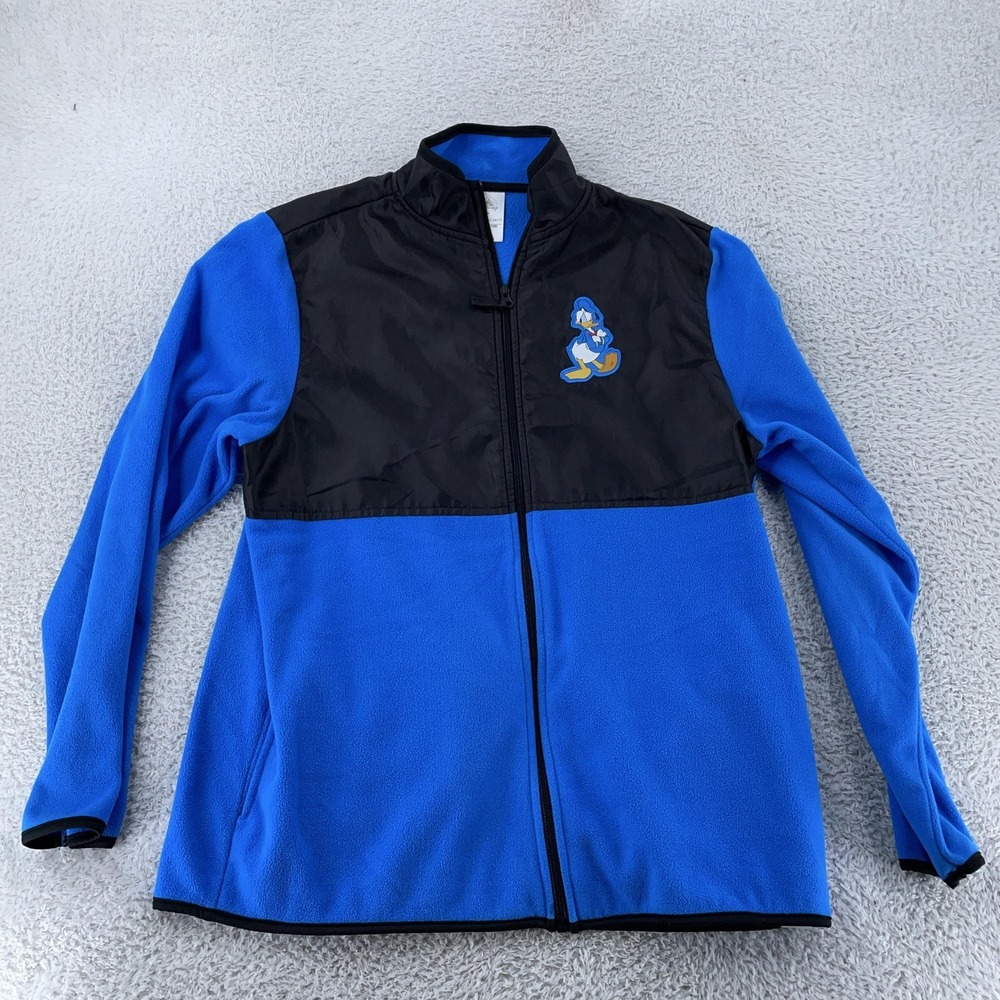 Disney Donald Duck Jacket Mens Medium Blue Black Full Zip Fleece Mock Neck Patch